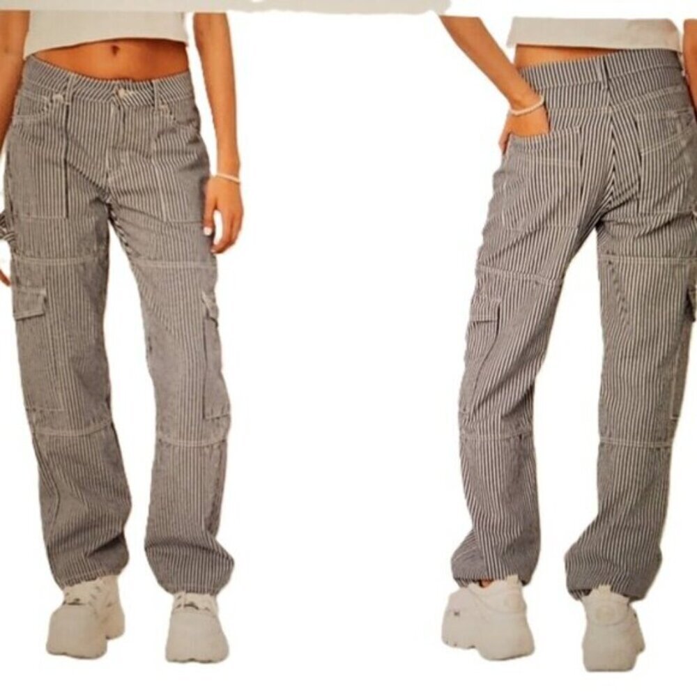 Edikted Women's Small Gray Stripe Out Cargo Cotton Relaxed Fit Railroad Pants